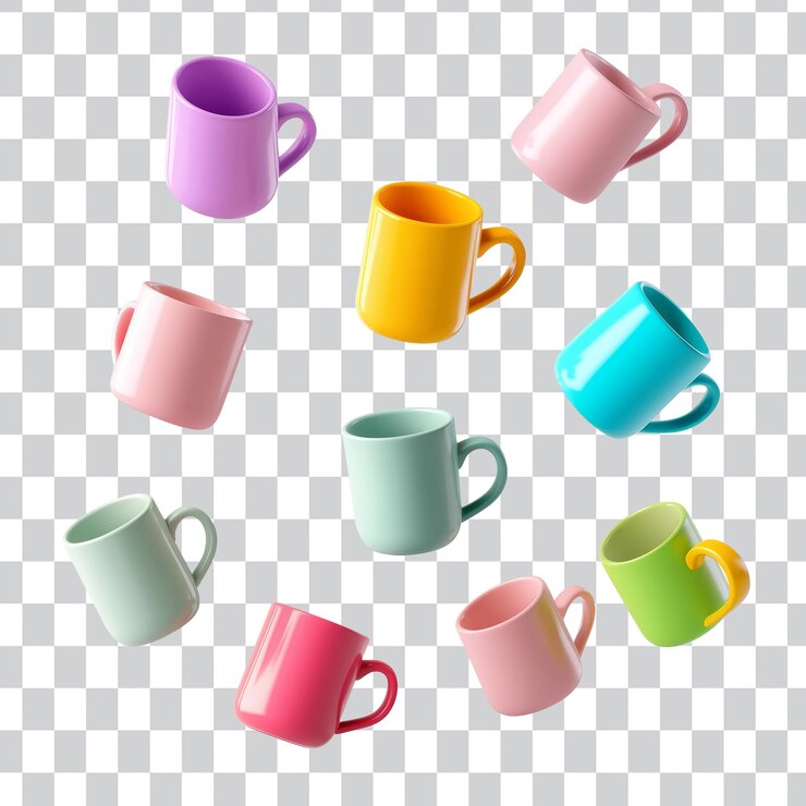 PSD colección colorida de tazas de cerámica dispuestas al azar