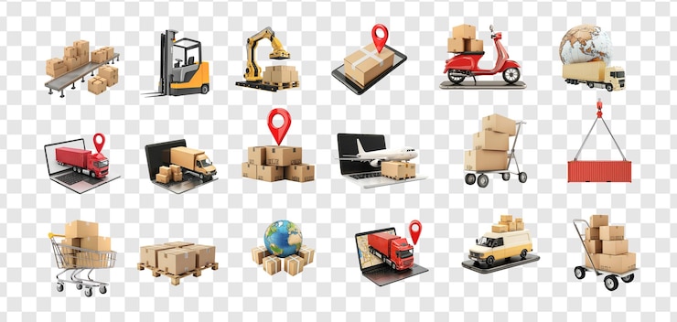 PSD colección de conceptos logísticos de objetos 3d aislados en el fondo de transparencia