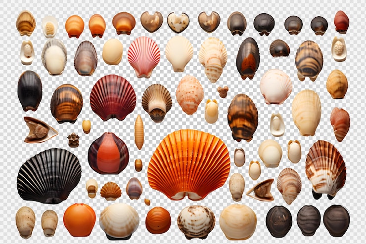 PSD colección de conchas marinas aisladas en un fondo transparente vista desde arriba generativa ai