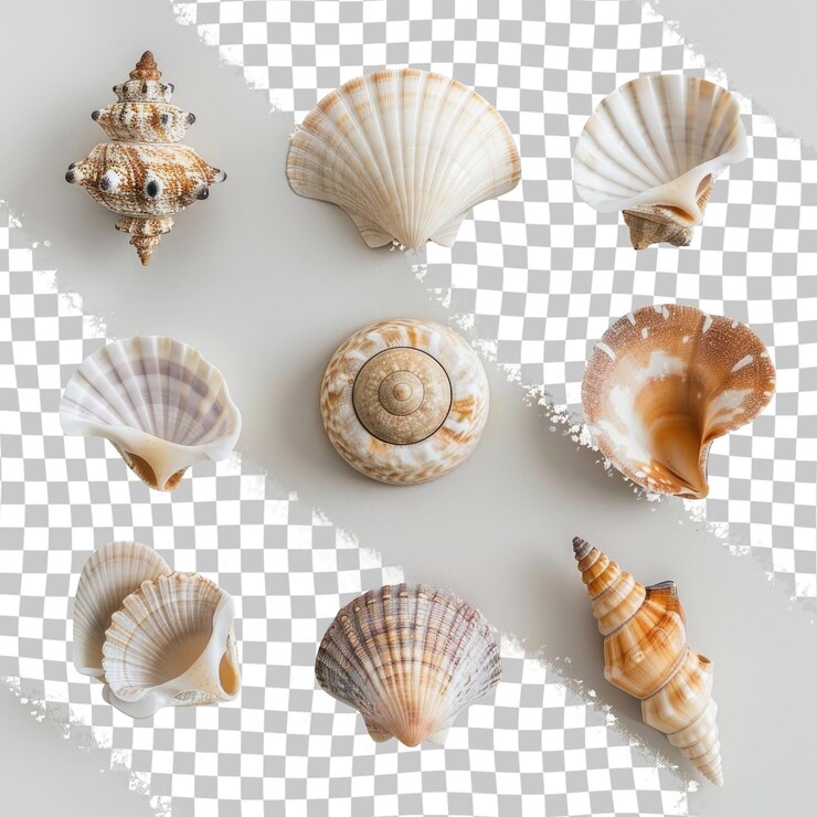 PSD una colección de conchas marinas y una concha están en un fondo blanco