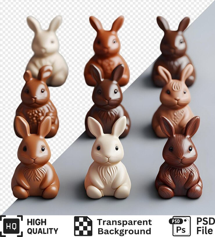 PSD colección de conejitos de chocolate con conejito de chocolate blanco aislado en un fondo transparente
