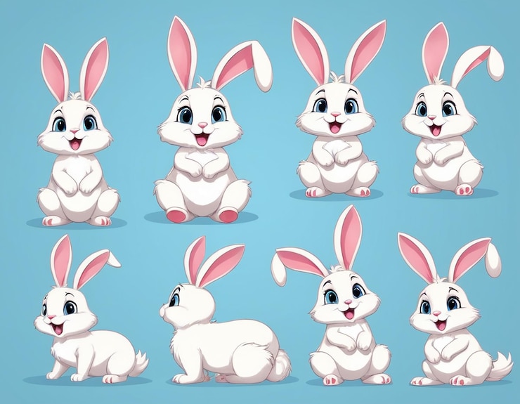 PSD una colección de conejos de dibujos animados con sus caras pintadas en ellos