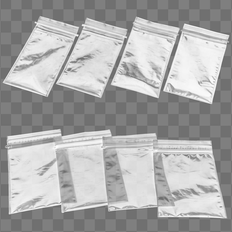 PSD una colección de cuatro bolsas de cremallera transparentes vacías aisladas sobre un fondo transparente