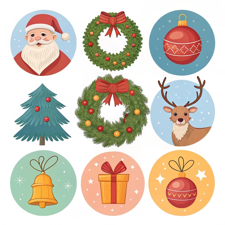 PSD una colección de decoraciones navideñas que incluye a santa, santa y santa claus.