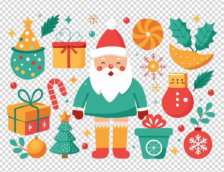 PSD una colección de decoraciones navideñas que incluyen muñecos de nieve y árboles de navidad