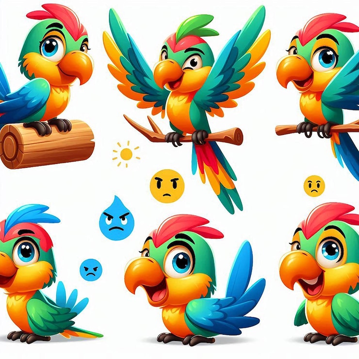 PSD una colección de diferentes aves, incluidos loros loros y un juguete