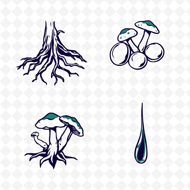 PSD una colección de diferentes hongos y un árbol con una gota de agua