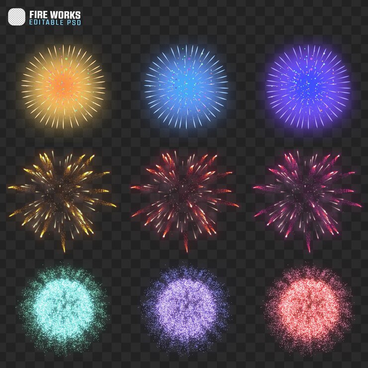 Colección dinámica de estallidos de fuegos artificiales Multicolor brillante explosión PSD superposiciones