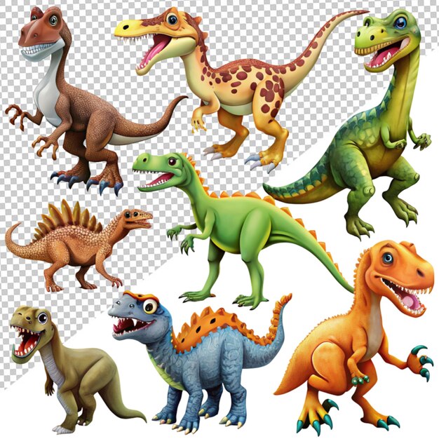 PSD colección de un dinosaurio de dibujos animados en un fondo transparente