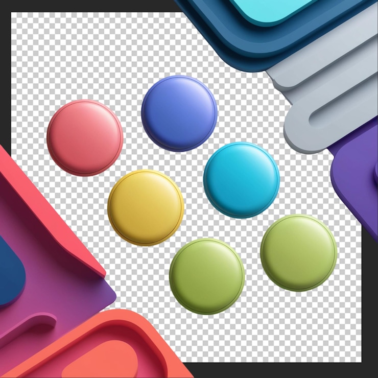 PSD colección de elementos web abstractos con cuatro botones redondos de colores aislados en blanco