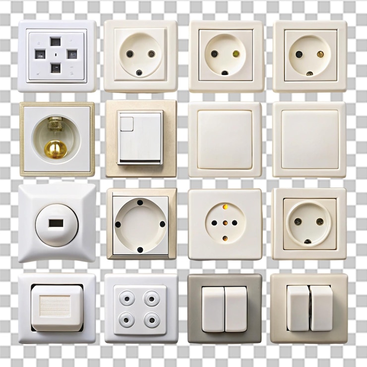 PSD colección de enchufe eléctrico y interruptor de luz aislados sobre fondo blanco