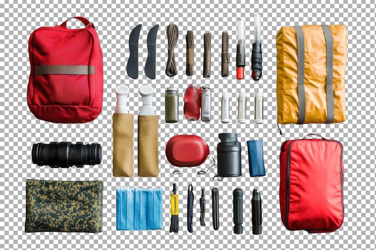 PSD colección de equipos para el aire libre y equipos de supervivencia dispuestos cuidadosamente en una mesa en un espacio bien iluminado