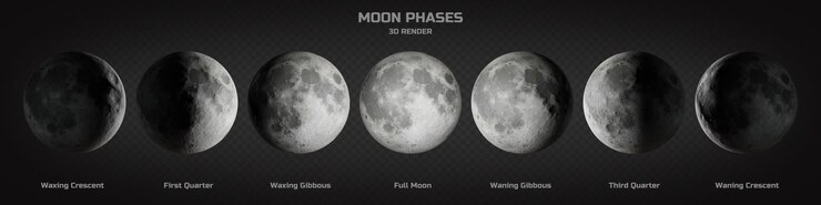 PSD colección de fases lunares plateadas en 3d en alta resolución en muchas perspectivas