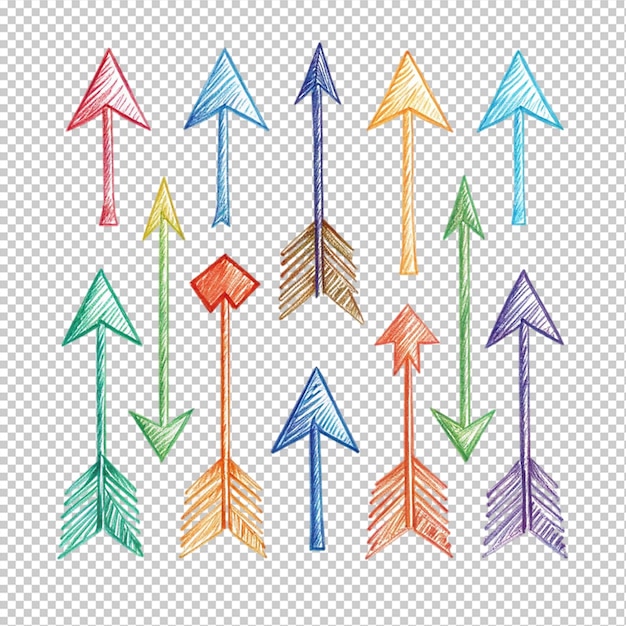 Colección de flechas boho con plumas dibujadas a mano en un fondo transparente