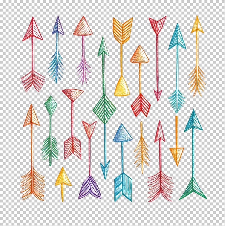 PSD colección de flechas boho con plumas dibujadas a mano en un fondo transparente