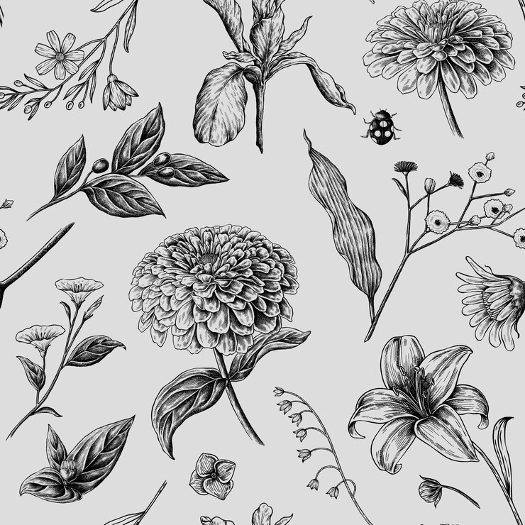 PSD una colección de flores y hojas sobre un fondo gris