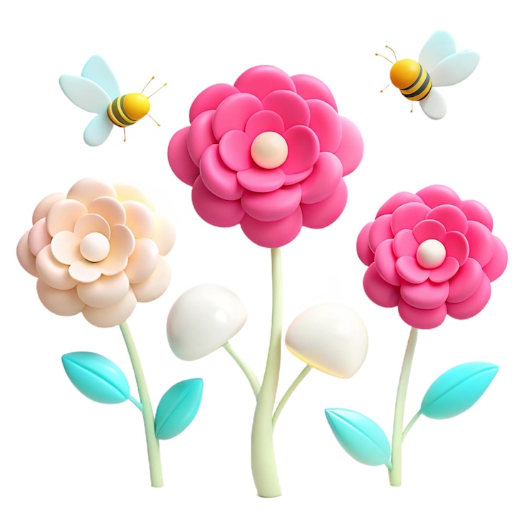PSD una colección de flores, incluidas abejas y mariposas
