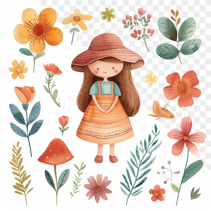 PSD una colección de flores y plantas, incluida una niña y un sombrero