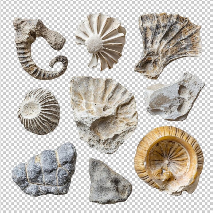 PSD colección de fósiles diversas muestras de piedra antigua investigación en paleontología exposición en el museo de historia natural