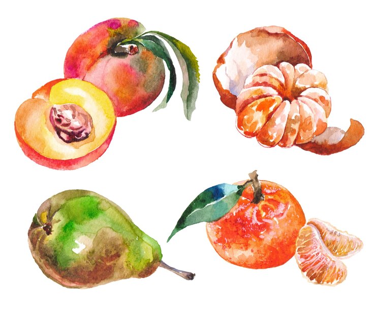 PSD colección de frutas pintadas con acuarela elementos de diseño de alimentos frescos dibujados a mano aislados sobre fondo blanco