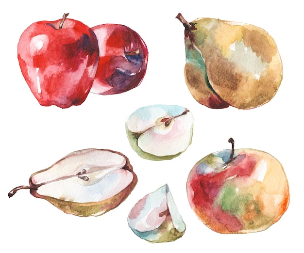 PSD colección de frutas pintadas con acuarela elementos de diseño de alimentos frescos dibujados a mano aislados sobre fondo blanco