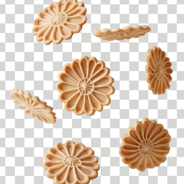 una colección de galletas con una imagen de una flor en un fondo a cuadros