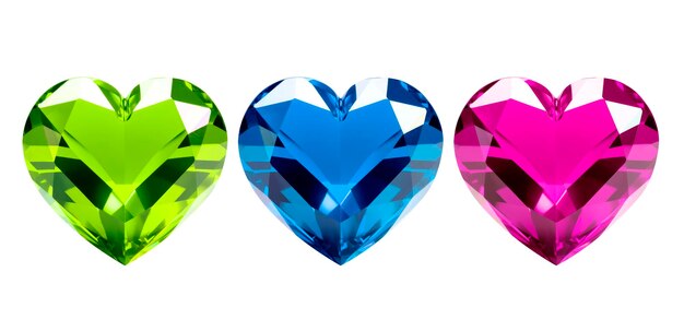Colección de gemas de colores en forma de corazón aisladas sobre un fondo transparente