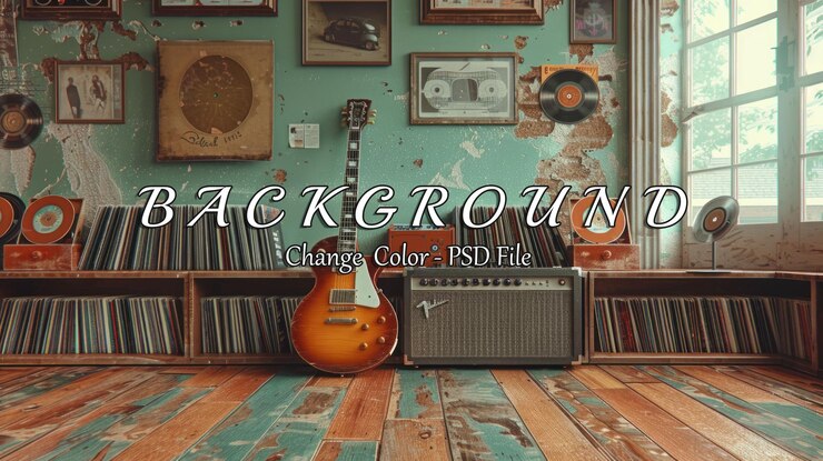 PSD colección de guitarras y discos antiguos en una sala retro
