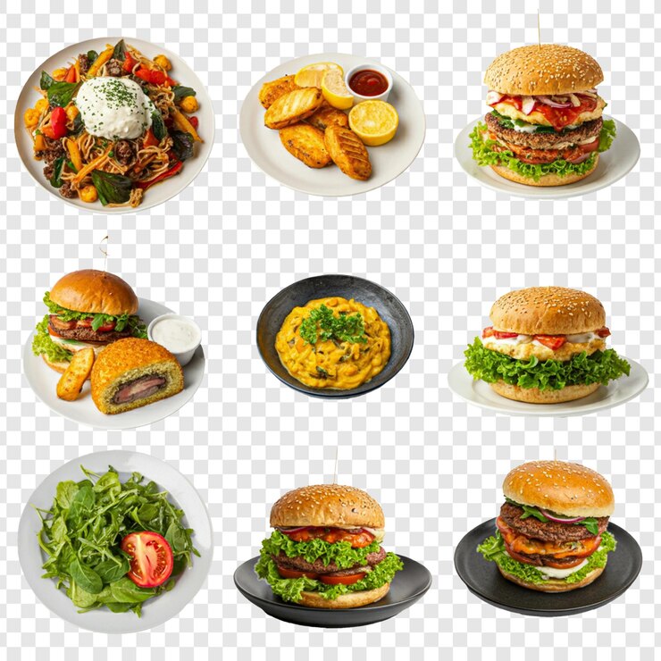 colección de hamburguesas y otros alimentos aislados sobre un fondo transparente