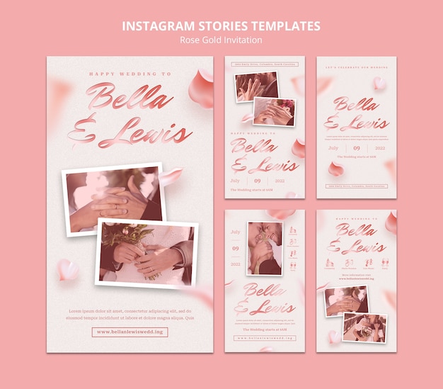 PSD colección de historias de instagram de bodas de oro rosa con pétalos