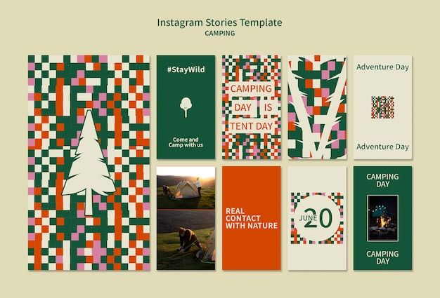 PSD colección de historias de instagram de camping con diseño de formas geométricas