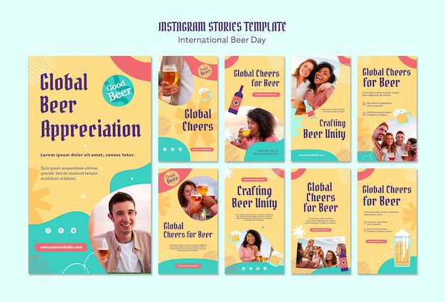 PSD colección de historias de instagram para la celebración del día internacional de la cerveza.