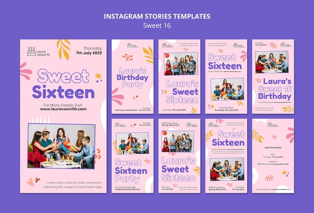 PSD colección de historias de instagram de celebración de dulces 16 con hojas