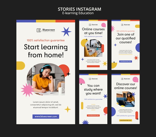 Colección de historias de instagram de clases en línea con formas abstractas