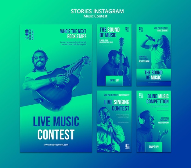 PSD colección de historias de instagram para concurso de música en vivo con artista