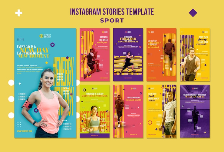 PSD colección de historias de instagram para el deporte con citas motivacionales