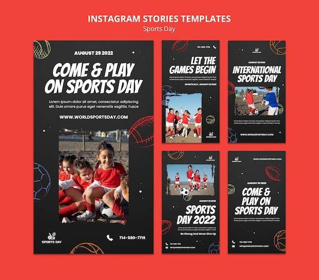 Colección de historias de instagram del día del deporte con bolas dibujadas a mano