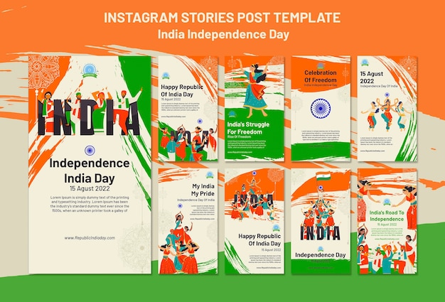 PSD colección de historias de instagram del día de la independencia de india con gente bailando y colores de bandera