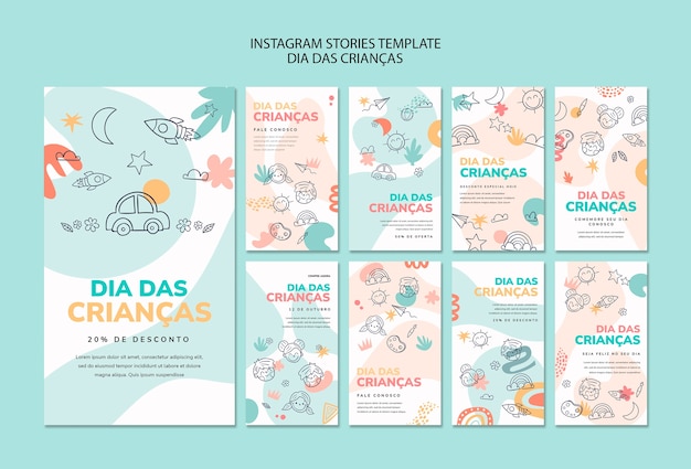 Colección de historias de instagram con dibujos de Dia das criancas