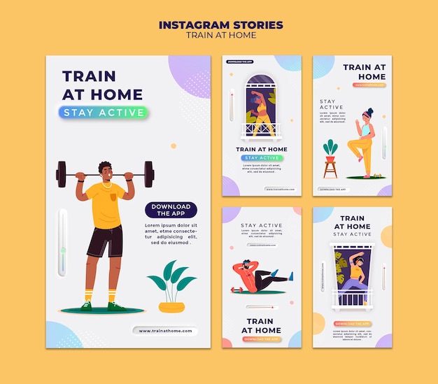 Colección de historias de Instagram para entrenamiento físico en casa