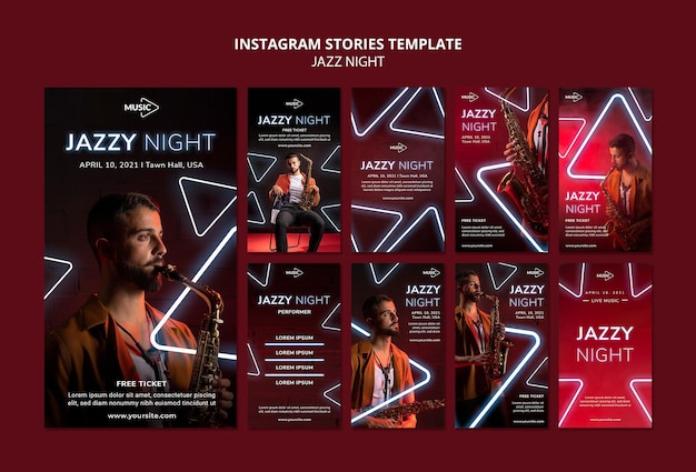 Colección de historias de instagram para evento nocturno de jazz de neón