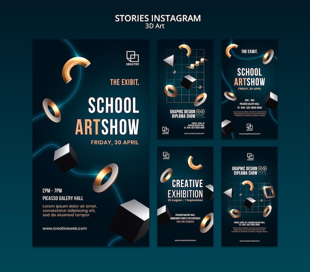 Colección de historias de Instagram para exhibición de arte con formas creativas tridimensionales