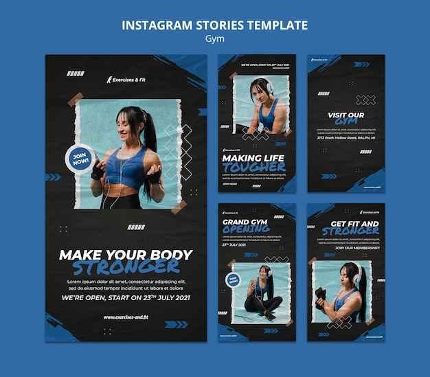 PSD colección de historias de instagram para gimnasio con atleta femenina