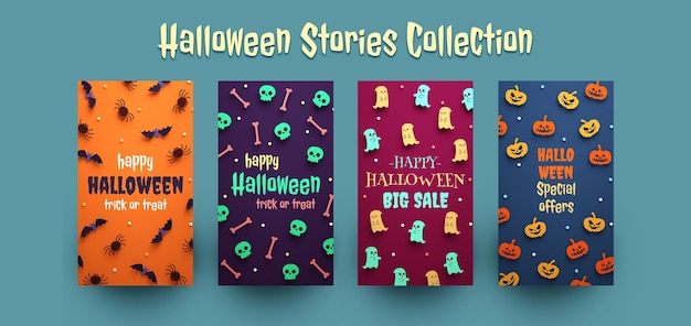 PSD colección de historias de instagram de halloween. textos editables con cosas lindas en renderizado 3d