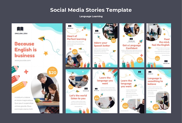 PSD colección de historias de instagram de lecciones de idiomas extranjeros