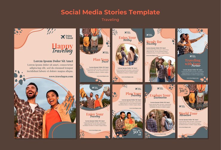 PSD colección de historias de instagram para mochila viajando en pareja