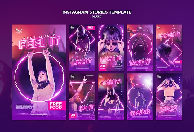 Colección de historias de instagram de neón para música electrónica con dj femenina