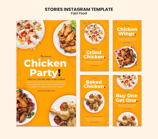 PSD colección de historias de instagram para plato de pollo frito