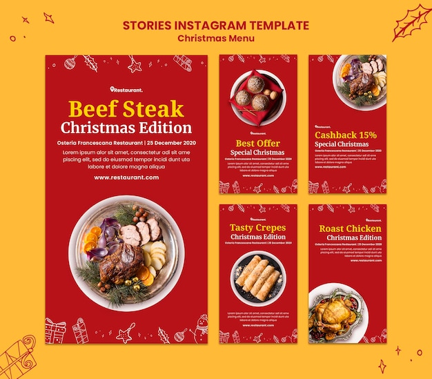 Colección de historias de instagram para restaurante de comida navideña