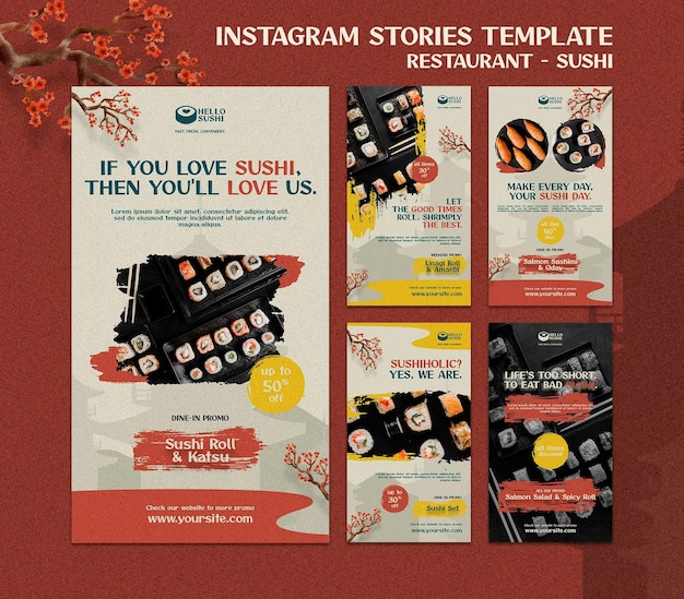 PSD colección de historias de instagram para restaurante de sushi